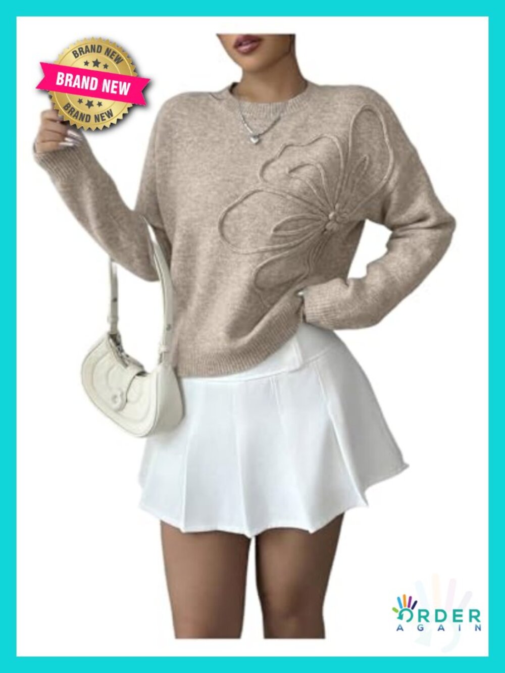 3D Floral Applique Knit Sweater Long Sleeve Drop Shoulder Pullover